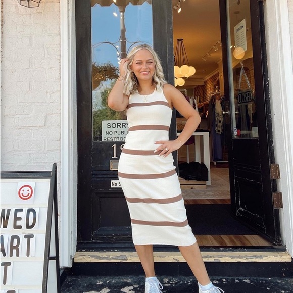 Vestique brown and cream striped midi dress size small - Picture 1 of 8